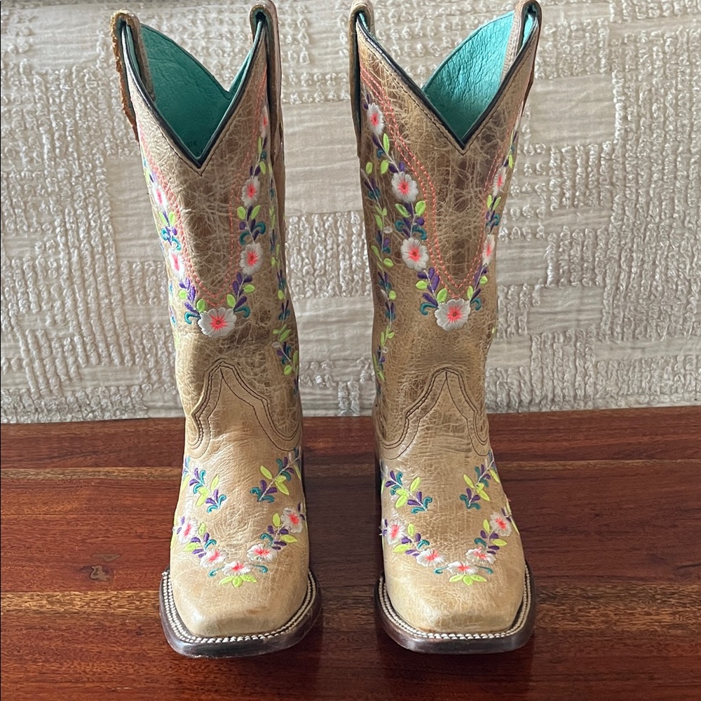 Kids Tan Floral Embroidered Boots